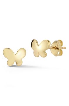 A pair of butterfly stud earrings crafted in gleaming 14-karat yellow gold is a must-have staple for your collection. Post back 14k gold Made in the USA 14k Yellow Gold Earrings With Butterfly Charm, Gold Butterfly Earrings Fine Jewelry, Butterfly-shaped Yellow Gold Earrings For Anniversary, Gold Butterfly Fine Jewelry Earrings, Yellow Gold Butterfly Earrings For Anniversary, Butterfly-shaped Yellow Gold Anniversary Earrings, Gold Earrings With Butterfly Charm For Formal Events, Gold Earrings With Butterfly Charm For Formal Occasion, 14k Gold Butterfly Earrings For Anniversary