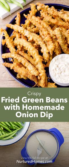 crispy fried green beans with homemade onion dip on a blue platter, surrounded by other ingredients