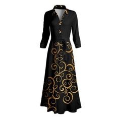 Dress Maxi Long A Line Lily | Black & Gold Brown Tan Yellow Scroll Barque Button-Front Long-Sleeve Belted Maxi Dress - Women & Plus Size 1xl New With Tag Beautifully Tailored Touch To Your Look With This Long-Sleeve Maxi Dress. It Features A Button-Front Collared Neckline And Long Sash-Style Tie At The Waist You Can Style To Suit Your Mood. Note: Due To The Manner In Which Fabric Is Cut, Pattern Layouts May Vary Size 1x: 54.5'' Long From High Point Of Shoulder To Hem Knit 95% Polyester / 5% Span Yellow Long Sleeve Maxi Dress For Work, Yellow Long Sleeve Dress With Buttons, Elegant Yellow Dresses With Buttons, Yellow Button Closure Dress For Fall, Yellow Dress With Button Closure For Fall, Yellow Fall Dress With Button Closure, Yellow Long Sleeve Dress With Button Closure, Blue Green Dress, Belted Maxi Dress