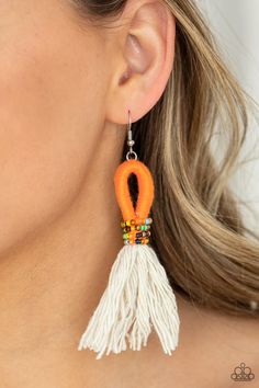 A tassel of soft white cotton fans out under rows of brightly colored seed beads. Anchored by a loop of vibrant orange floss, the eye-catching style swings from the ear for a show-stopping statement. Earring attaches to a standard fishhook fitting.

 Sold as one pair of earrings. Trendy Fringe, Feather Fan, Beaded Tassel Earrings, Orange Earrings, Statement Earring, Fish Hook Earrings, Paparazzi Accessories, Black Feathers, White Rhinestone