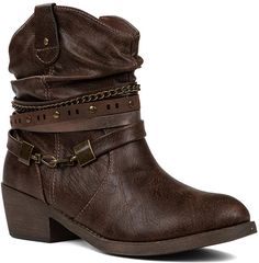 Not so western style bootie. Lower heel, but not too low. Chains and studs add flare to this fashionable bootie for fall. Western Style, Western Fashion, Bootie, Nashville, Women's Shoes, Women Shoes, Chain, Heels