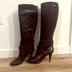 Brand New Never Worn Hard To Find Size 42 Miu Miu Tall Brown Boots. Darker Brown Leather Piping On Toe Box And Ankle. Zipper On The Inside To Make It Easy To Slide On And Off. Buckle Can Be Unbuckled Also. Unique Heel Shape And Not Too High. 3.80 Inches Comfortable And Sexy. Dress Them Up Or Down Mint High Heels, Thigh High Platform Boots, Vintage Miu Miu, Open Toe Ankle Boots, Patent Leather Booties, Unique Heels, Jeweled Heels, Tall Brown Boots, Patent Leather Boots