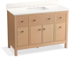 a white sink sitting on top of a wooden cabinet next to a counter with drawers