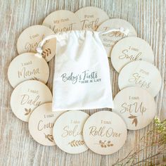 personalized wooden coasters for baby's first year with drawstring bag