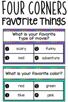 four corners favorite things with the words, what is your favorite type of movie?