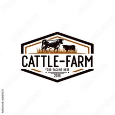 cattle farm logo design with cow and calf in the grass, vintage style badge or emblem