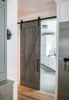 Weathered Wood Sliding Barn Door Kit - Sliding Barn Door Hardware by RealCraft Exterior Sliding Barn Doors, Barn Door Projects, Barn Door Installation, Diy Sliding Door, Custom Barn Doors, Rustic Ideas, Mudroom Ideas, Carriage Doors, Farmhouse Door