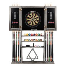 a metal rack with darts and other items in front of a wall mounted dart board