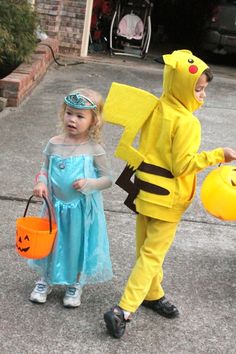 two children dressed up as pokemon and pikachu, one holding an orange basket