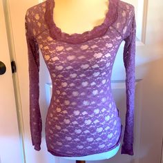 Cute And Form Fitting Lace Top. Perfect For Layering Over A Tank. Pretty Spring Purple Color. Never Worn And With Tags. Purple Fitted Lace Top, Fitted Purple Lace Top, Purple Lace Tops For Spring, Purple Lace Top For Spring, Fitted Purple Top With Lace Trim, Purple Stretch Feminine Top, Stretch Purple Feminine Tops, Spring Purple, Lace Tunic Tops