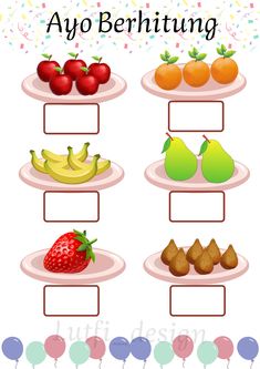 a set of three plates with different fruits and vegetables on them, which are labeled in the