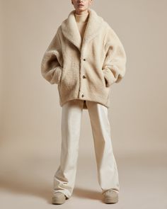 fully reversible camel suede and natural shearling jacket with exaggerated sleeves shawl collar and center front button closures Exaggerated Sleeves, Woven Jacket, Streetwear Fashion Women, Shearling Coat, Shearling Jacket, Classic Outfits, Shawl Collar, Outerwear Women, Jacket Outfits