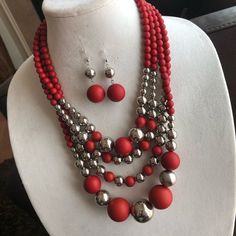 This Necklace Is Bold And Beautiful! Make A Statement While Wearing This Glamorous Piece. 18-22 Inches With An Adjustable Closure. Large Beads Necklace, Red Beaded Metal Necklace For Party, Red Metal Beaded Necklace For Party, Red Necklaces With Silver Beads, Party Red Metal Beaded Necklace, Cheap Red Statement Beaded Necklaces, Affordable Red Statement Necklace, Red Necklaces With Large Round Beads, Unique Red Necklace With Large Beads