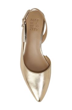 A curved slingback strap brings contemporary sophistication to this comfort-cushioned pointy toe pump. 1" heel Adjustable buckle strap Cushioned footbed with N5 Contour Technology Textile or leather upper/synthetic lining and sole Imported Women's Shoes Gold Slingback Pumps With Flat Heel, Gold Flat Heel Slingback Pumps With Strap, Gold Ankle Strap Slingback Pumps For Work, Gold Slingback Pumps With Buckle Closure And Pointed Toe, Gold Pointed Toe Slingback Pumps With Buckle Closure, Elegant Formal Slingback Pumps With Gold-tone Hardware, Formal Slingback Pumps With Gold-tone Hardware, Luxury Slingback Pumps With Gold-tone Hardware For Evening, Gold Slingback Pumps With 4-inch Heel