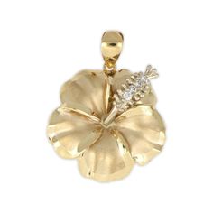 Tropical Creations 14K Hibiscus Pendant with Cubic Zirconia Hibiscus Jewelry, Ukulele Accessories, Music Ornaments, Abalone Earrings, Real Flower Jewelry, Wood Bracelet, Gold Jewelry Necklace, Hibiscus Flower, Gold Sparkle