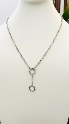 FREE SHIPPING! This is a beautiful Rhodium Plated Rolo Chain Necklace with Two Snap Ring Charm Holders  Rings open allowing you to customize your own necklace and wear with charms of your choice. All charms in my shop are also available for purchase. Available in your choice of custom length with 2 inch adjustable extender.  Drop chain length including charm holder is 1.5 inches.  May be worn without drop chain, giving you multiple options! 3mm Rolo chain.  Lobster clasp Absolutely stunning and so versatile! Silver Lariat Stainless Steel Jewelry, Stainless Steel Chain Jewelry For Anniversaries, White Gold Charm Necklaces With Adjustable Chain, Modern Silver Chain Jewelry With Round Pendant, Adjustable White Gold Stainless Steel Jewelry, White Gold Pendant Jewelry With Rolo Chain, White Gold Jewelry With Rolo Chain And Round Pendant, White Gold Jewelry With Adjustable Chain In Stainless Steel, White Gold Stainless Steel Jewelry With Adjustable Chain