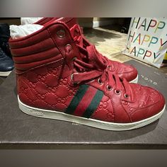 You Are Currently Buying 100% Authentic Gucci. Embossed Interlocking G Detail Leather Upper & Lining Lace-Up Closure Padded Insole Style # 221825 Rubber Sole Made In Italy Box Included In Great Preowned Condition Size Gucci 7 Us 8 Red With Gucci Green And Red Stripes Like New Red Leather High-top Sneakers With Perforations, Designer High-top Lace-up Sneakers With Red Sole, Luxury Red High-top Sneakers, Designer Sneakers With Perforations, Designer High-top Sneakers With Perforations, Designer Gucci High-top Sneakers With Rubber Sole, Designer Red High-top Sneakers With Round Toe, Designer Red High-top Sneakers With Red Sole, Designer Leather High-top Sneakers With Red Sole