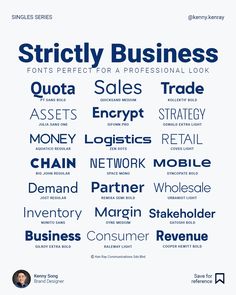 a poster with different types of font and numbers on it, including the words strictly business