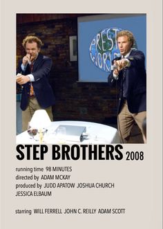 two men standing next to each other in front of a screen with the words step brothers on it