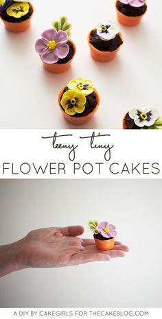 there is a cupcake with flowers on it and the words, easy tiny flower pot cakes