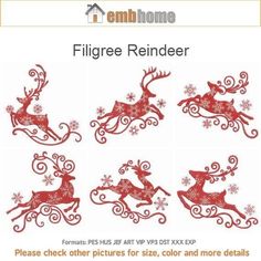 christmas reindeer silhouettes with snowflakes and swirly designs on the side, in red