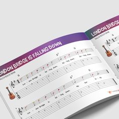 the london bridge is falling down sheet music book opened to show notes and guitar symbols