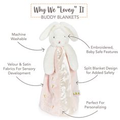 a stuffed bunny is shown with its label on it's back and description below