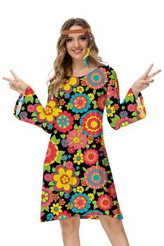 PRICES MAY VARY. 🌈 Hippie Costume Dress Material - Made of 95% Polyester and 5% Spandex, this dress is comfortable and lightweight, crafted from soft, stretchy fabric suitable for various occasions. Dress ONLY, other accessories not included. 🌻 70s Dress Features - This hippie costume features a classic v-neck design with bell sleeves and a flared dresses. It boasts an eye-catching retro floral print, making everything better with this cute and vintage groovy costume dress. 💕 Disco Outfits Oc Moda Z Lat 70., 70s Fashion Women, 70s Mode, Fall Fashion Skirts, Outfits 70s, Women Costumes, 70s Outfits, Hippie Costume, 1970s Dresses