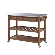 a kitchen island with two drawers on wheels