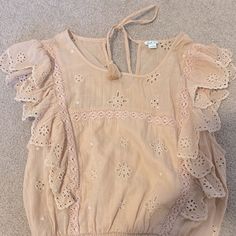 Great Condition/No Flaws. Never Worn. Super Cute For Spring/Summer. Light Pink Peach Pale Color Cute Ruffled Beach Blouse, Summer Peach Blouse For The Beach, Peach Summer Beach Blouse, Summer Peach Blouse For Beach, Peach Summer Blouse For The Beach, Feminine Peach Tops For The Beach, Feminine Peach Tops For Beach, Cute Apricot Top For Summer, Orange Ruffled Top For Beach