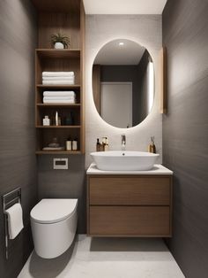 a white toilet sitting next to a bathroom sink under a mirror above a wooden cabinet