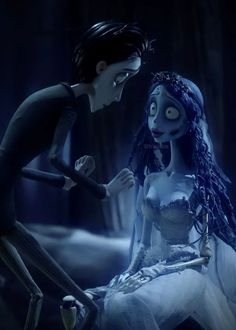 corpse from the animated movie corpse is being hugged by a woman in a white dress