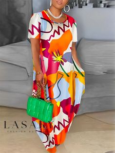 Lasaky - Artistic Leisure Short Sleeve Maxi Dress with Abstract Design Casual Multicolor Print Maxi Dress, Casual Multicolor Abstract Print Maxi Dress, Casual Multicolor Abstract Print Dress, Trendy Multicolor Abstract Print Dress, Casual Multicolor Maxi Dress With Abstract Print, White Abstract Print Maxi Dress For Summer, Multicolor Graphic Print Dress For Vacation, Trendy Colorful Dress With Vibrant Print, Multicolor Graphic Print Vacation Dress