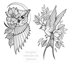 two birds with flowers on their heads and one bird flying over the other, both in black and white