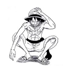 one piece is sitting on the ground with his hands behind his head and wearing a hat