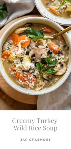 Turkey rice soup in a white bowl. Turkey Wild Rice Soup, Chicken Mushroom Casserole, Jar Of Lemons, Soup Vegetable, Best Soups, Favorite Soups, Healthy Soups, Roasted Mushrooms