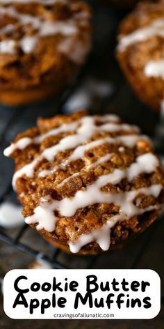 Cookie butter apple muffins with streusel topping and icing cooling on a wire rack on a dark counter. Muffin Apple, Muffins With Streusel Topping, Muffins For Breakfast, Baked Recipes, Apple Breakfast, Apple Cinnamon Muffins, Cinnamon Muffins, Apple Muffins, Apple Season