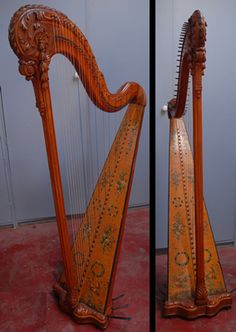 two pictures of an old wooden harp