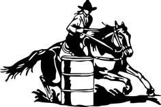 a black and white drawing of a cowboy riding a horse over a barrel with a lasso