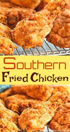 fried chicken on a wire rack with the words southern fried chicken