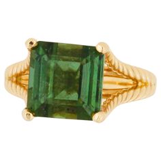 Square Emerald Asscher Green Tourmaline Rope Split Shank Unique Yellow Gold Ring 14K Yellow Gold 8.5 cts Green Tourmaline Size 7 - Resizable upon request Luxury Formal Jewelry With Fluted Bezel, Formal Yellow Gold Tsavorite Rings, Unique Yellow Gold Ring, American Art Deco, Art Deco Emerald, Split Shank Ring, Step Cut, Tourmaline Ring, Split Shank