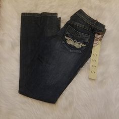 Fried Denim Bootcut Blue Jeans Front Pockets Button And Zipper Closure Belt Loops Back Pockets Have Embroidered Design Made Of 96% Cotton 4% Spandex Sizes 3/4, 5/6. Cheap Y2k Dark Wash Flare Jeans, Pants Bootcut, 2000s Clothes, 2000s Fashion Outfits, Y2k Outfits, Boot Cut Denim, Swaggy Outfits, Closet Fashion, Cute Everyday Outfits