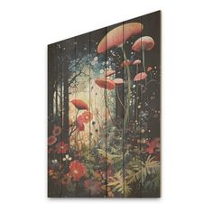 a painting on the side of a wooden wall with flowers and mushrooms growing out of it