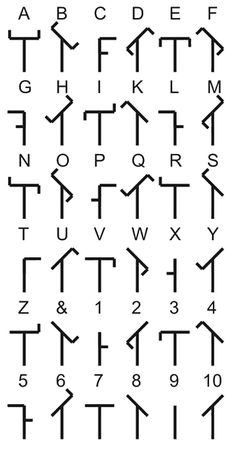 an ancient alphabet is shown in black and white, with the letters on it's sides