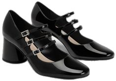 Black Block Heels With Glossy Finish, Black Glossy Block Heel Heels, Black Glossy Finish Block Heel, Classic Black Patent Leather Mary Janes, Luxury Black Mary Janes Medium Width, Retro Black Mary Janes, Luxury Black Mary Janes With Buckle Closure, Black Mary Janes, Black T-strap Mary Janes With Buckle Closure