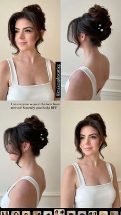 four different pictures of a woman with her hair up in a bun and wearing pearls