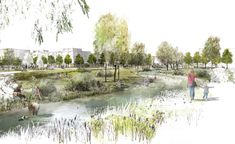 an artist's rendering of people walking in the park next to a river and trees