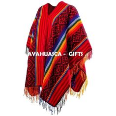 "Our traditional woven red and black poncho with rainbow stripes is as stylish as it is practical at keeping the chill off. Fringe is 2.5 inches long. Pattern and fringe may vary slightly. Woven in the Sacred Valley of the Incas, Peru. Size: 65\" L x 42\" W Shipping Details: *Shipping to destinations worldwide. *Once payment is received, the shipment will take 1 to 3 days. Your purchase will arrive between 4 to 8 days. We are no responsable for: customs delays, busy times at post offices, pandem Peruvian Poncho, Poncho Outfit, Black Poncho, Cashmere Poncho, Knitted Cape, Sacred Valley, Wool Poncho, Black Rainbow, Poncho Cape