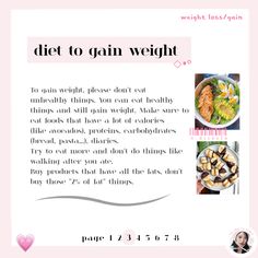 weight loss/gain: diet to gain weight tiktok: n.dicexla Diet To Gain Weight, The Glow Up Project, Glow Up Project, Weight Gain Diet, Pink Pilates