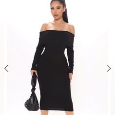 Fashionnova Midi Dress Size Medium. Never Worn And Still In Bag It Was Sent In. Open To Offers Black Off-shoulder Midi Dress For Fall, Black Dresses For Winter Day Out, Black Winter Dresses For Day Out, Black Dress For Day Out In Winter, Black Winter Day Out Dresses, Casual Off-shoulder Bodycon Dress For Evening, Casual Off-shoulder Evening Bodycon Dress, Casual Black Off-shoulder Bodycon Dress, Trendy Black Midi Bodycon Dress